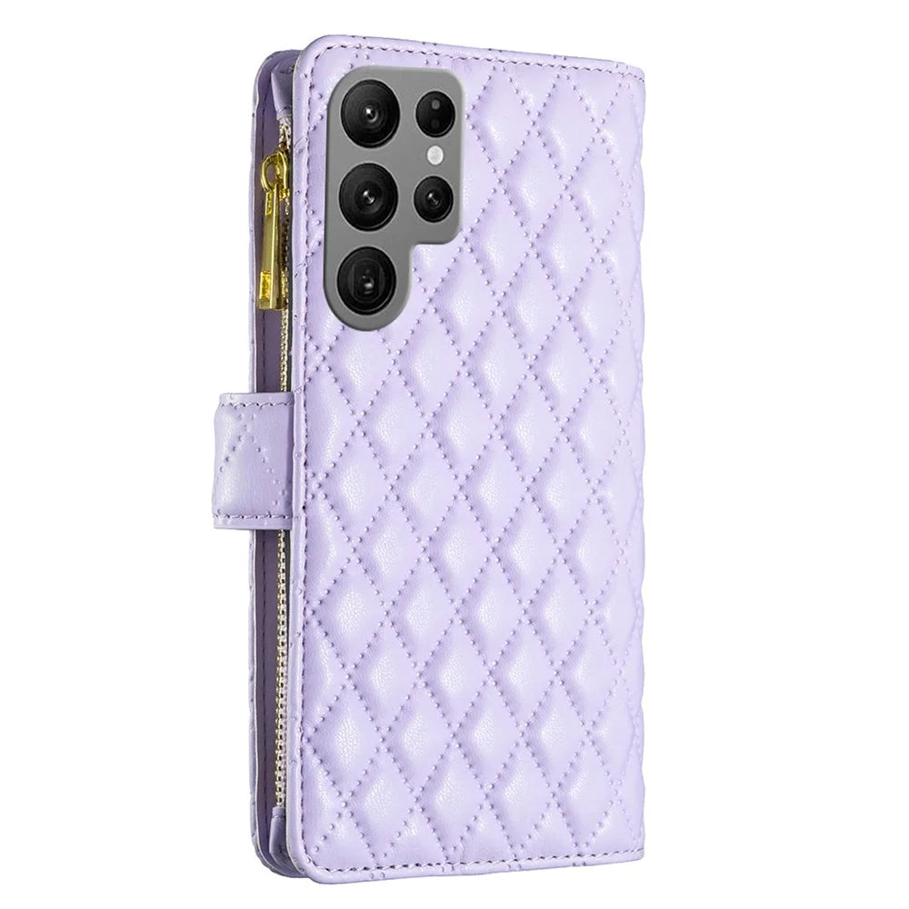 BINFEN COLOR BF Style-15 For Samsung Galaxy S25 Ultra Leather Case Zipper Pocket Rhombus Phone Cover - Purple - 6