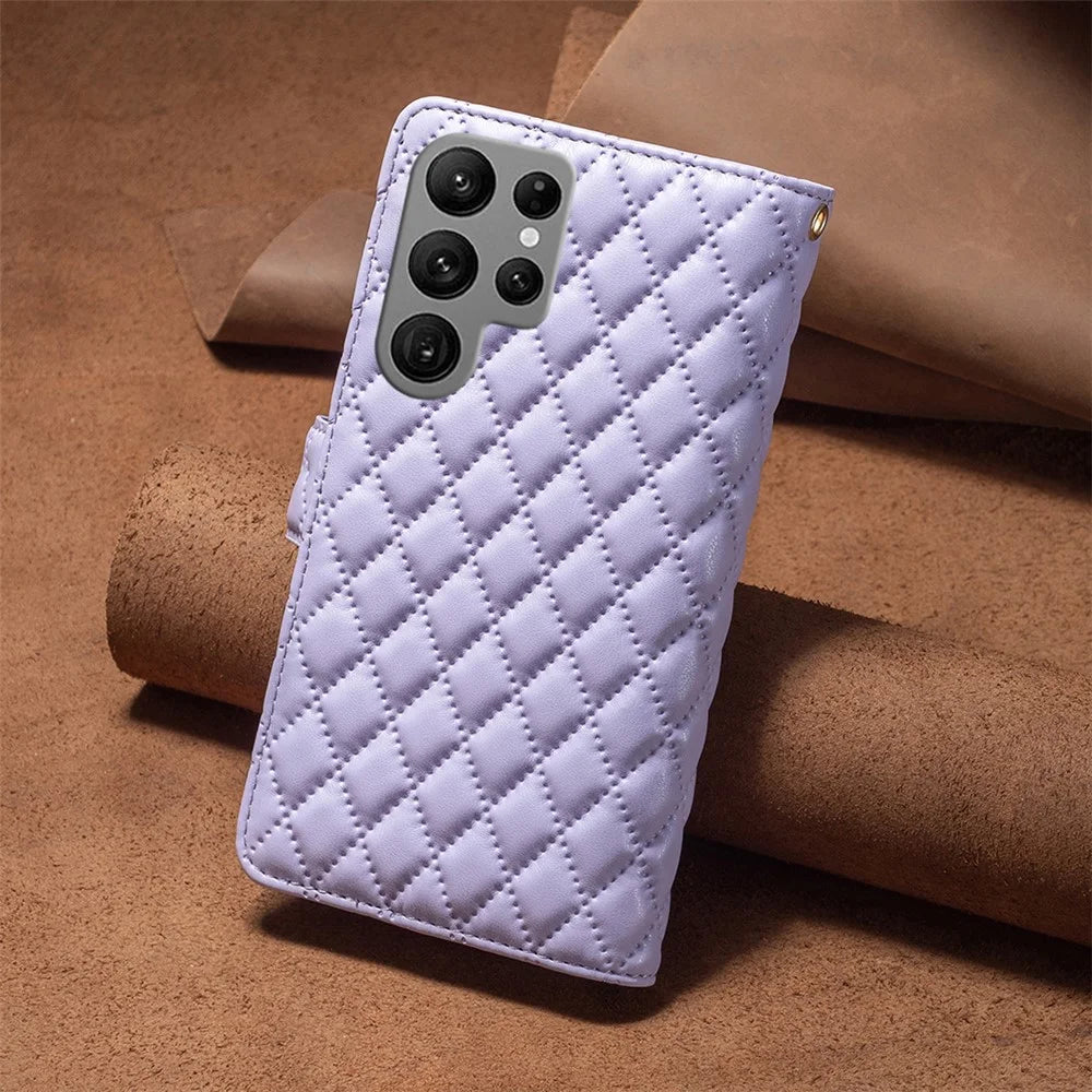 BINFEN COLOR BF Style-15 For Samsung Galaxy S25 Ultra Leather Case Zipper Pocket Rhombus Phone Cover - Purple - 7