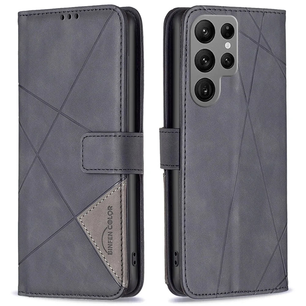 BINFEN COLOR For Samsung Galaxy S25 Ultra Phone Cases Wallet Stand Geometry Imprint Leather Cover - Black - 1