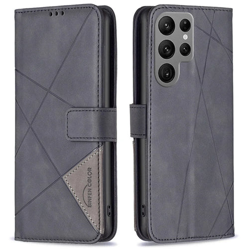 BINFEN COLOR For Samsung Galaxy S25 Ultra Phone Cases Wallet Stand Geometry Imprint Leather Cover - Black - 1