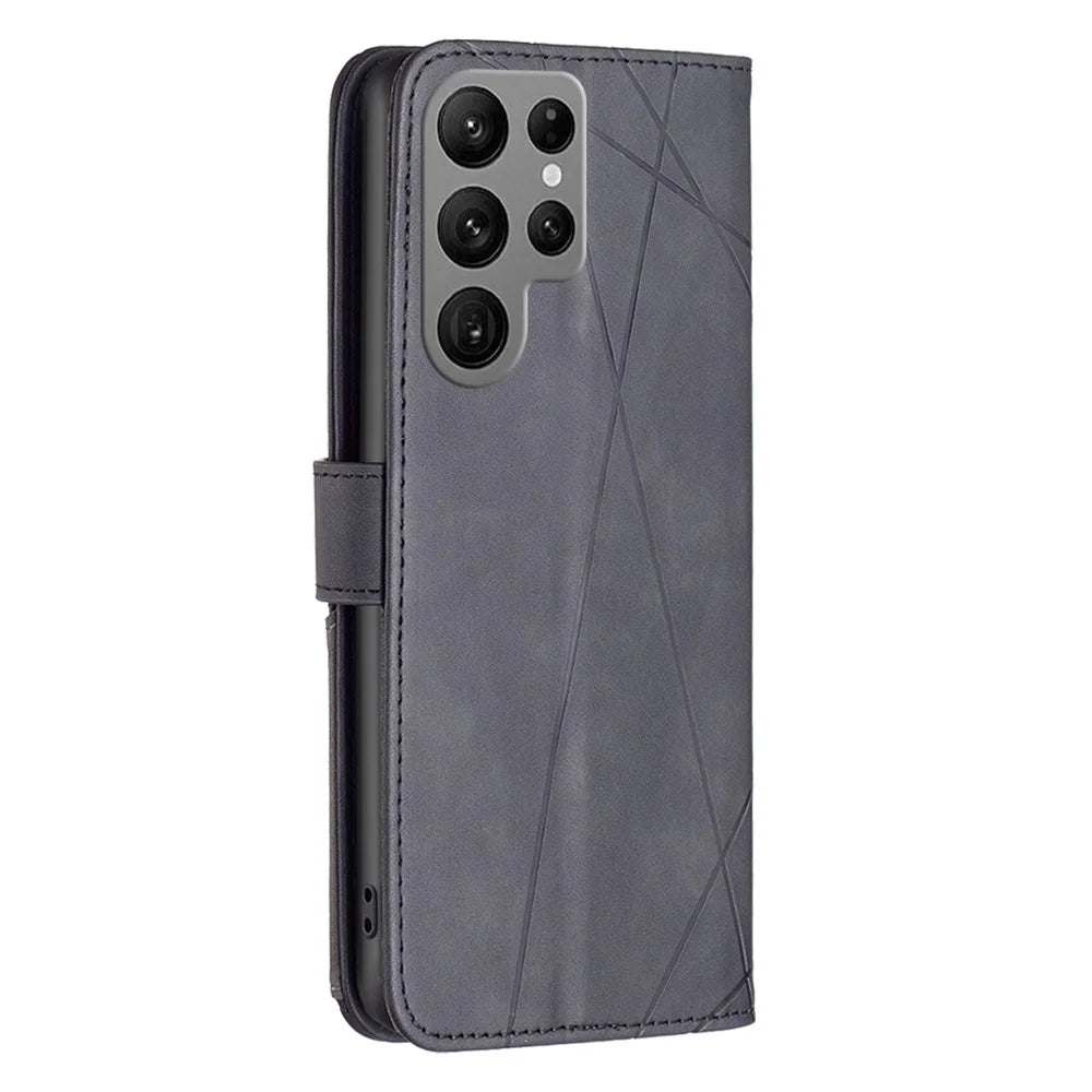 BINFEN COLOR For Samsung Galaxy S25 Ultra Phone Cases Wallet Stand Geometry Imprint Leather Cover - Black - 5
