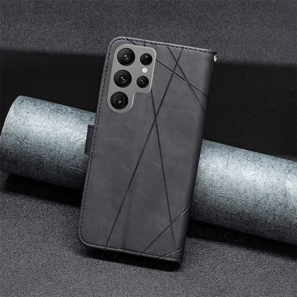 BINFEN COLOR For Samsung Galaxy S25 Ultra Phone Cases Wallet Stand Geometry Imprint Leather Cover - Black - 7