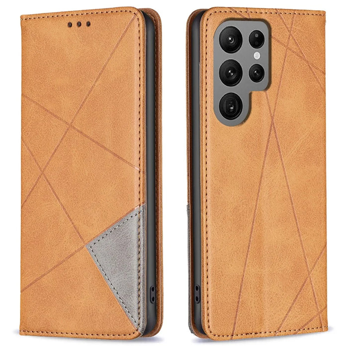 For Samsung Galaxy S25 Ultra Case Card Slots Geometry Imprint Leather Phone Cover - Yellow - 1