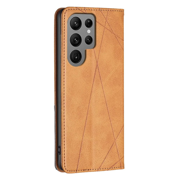 For Samsung Galaxy S25 Ultra Case Card Slots Geometry Imprint Leather Phone Cover - Yellow - 6