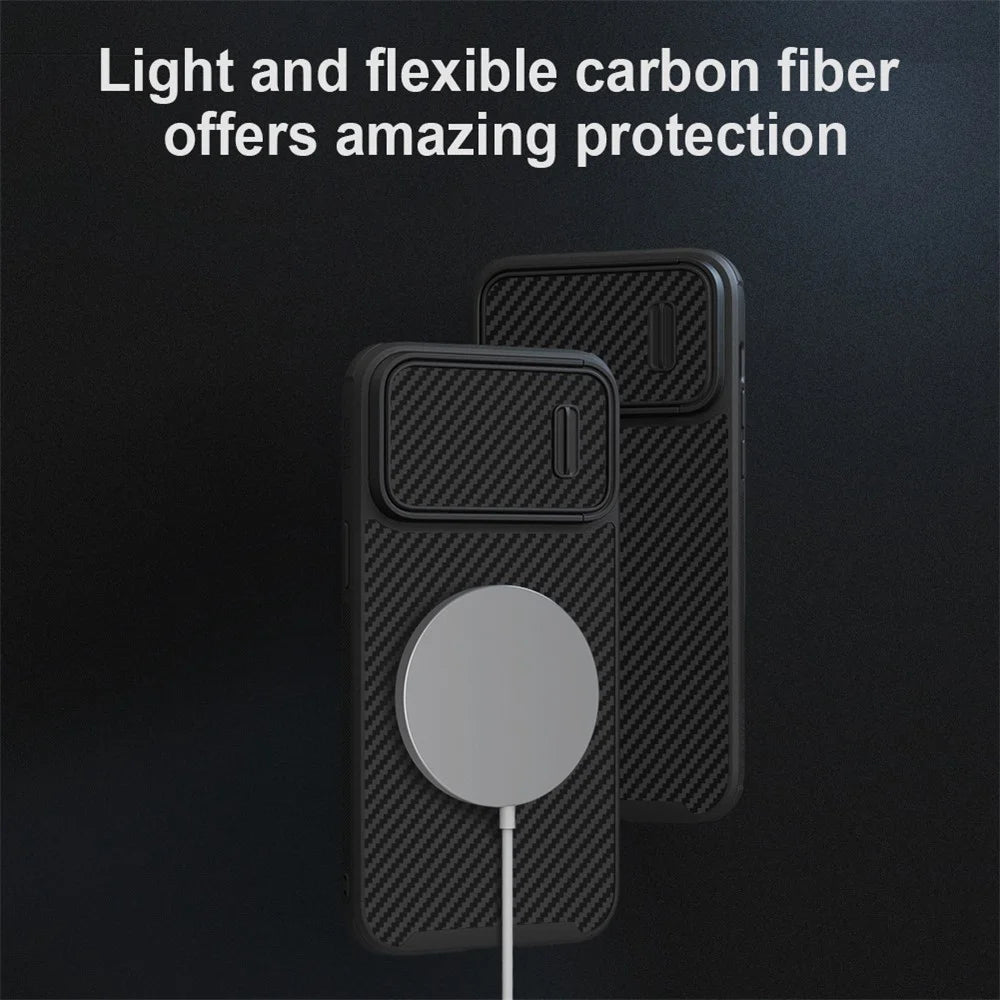 NILLKIN For iPhone 14 Pro Max Carbon Fiber Phone Case Slide Camera Protection PC + TPU Cover Compatible with MagSafe - 2