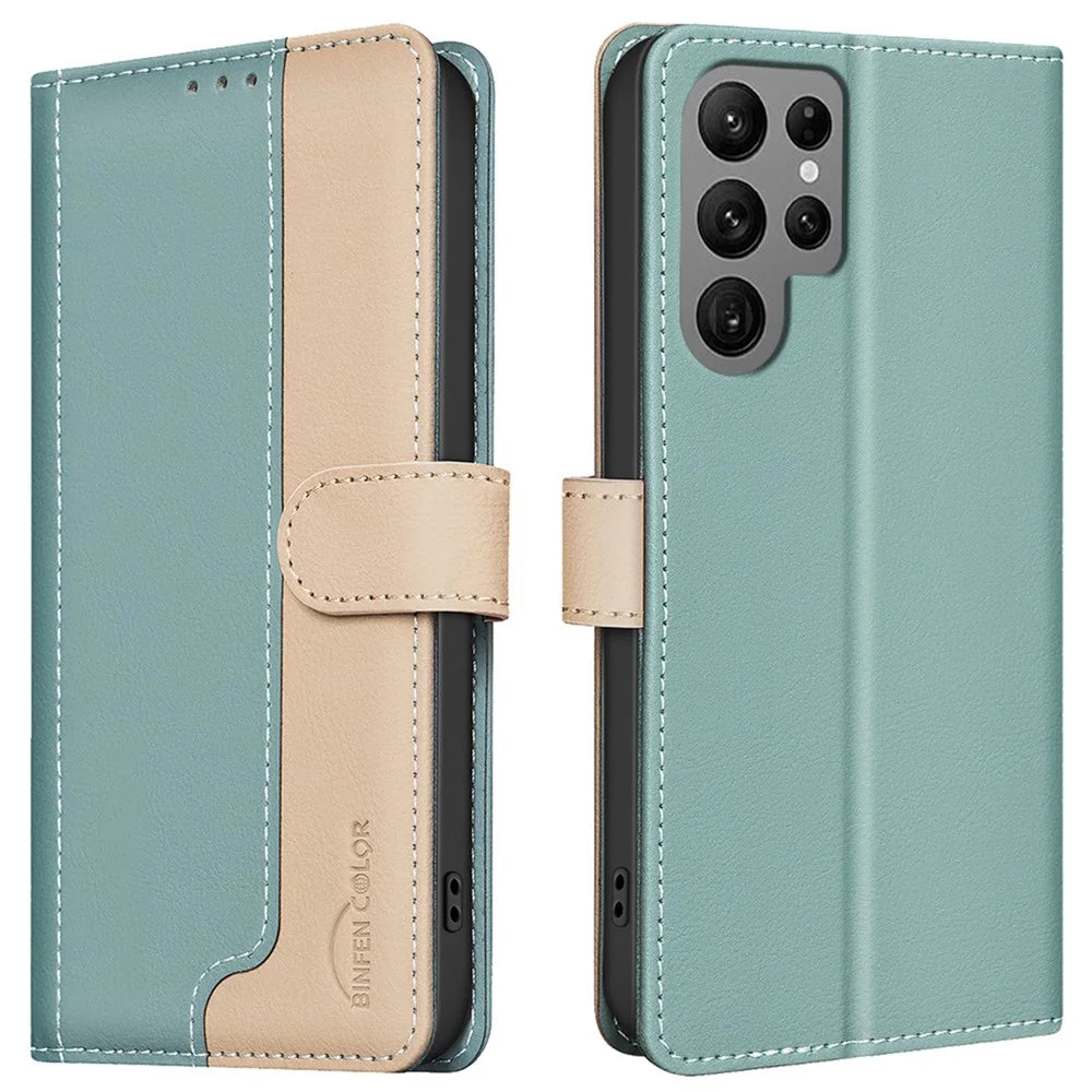 BINFEN COLOR BF33 for Samsung Galaxy S25 Ultra Leather Case Splicing Color RFID Blocking - Green - 1