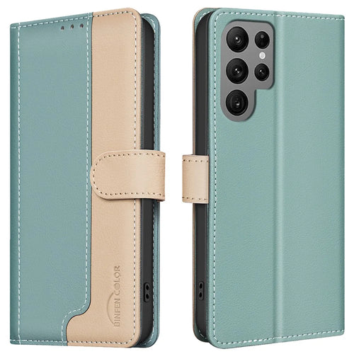 BINFEN COLOR BF33 for Samsung Galaxy S25 Ultra Leather Case Splicing Color RFID Blocking - Green - 1