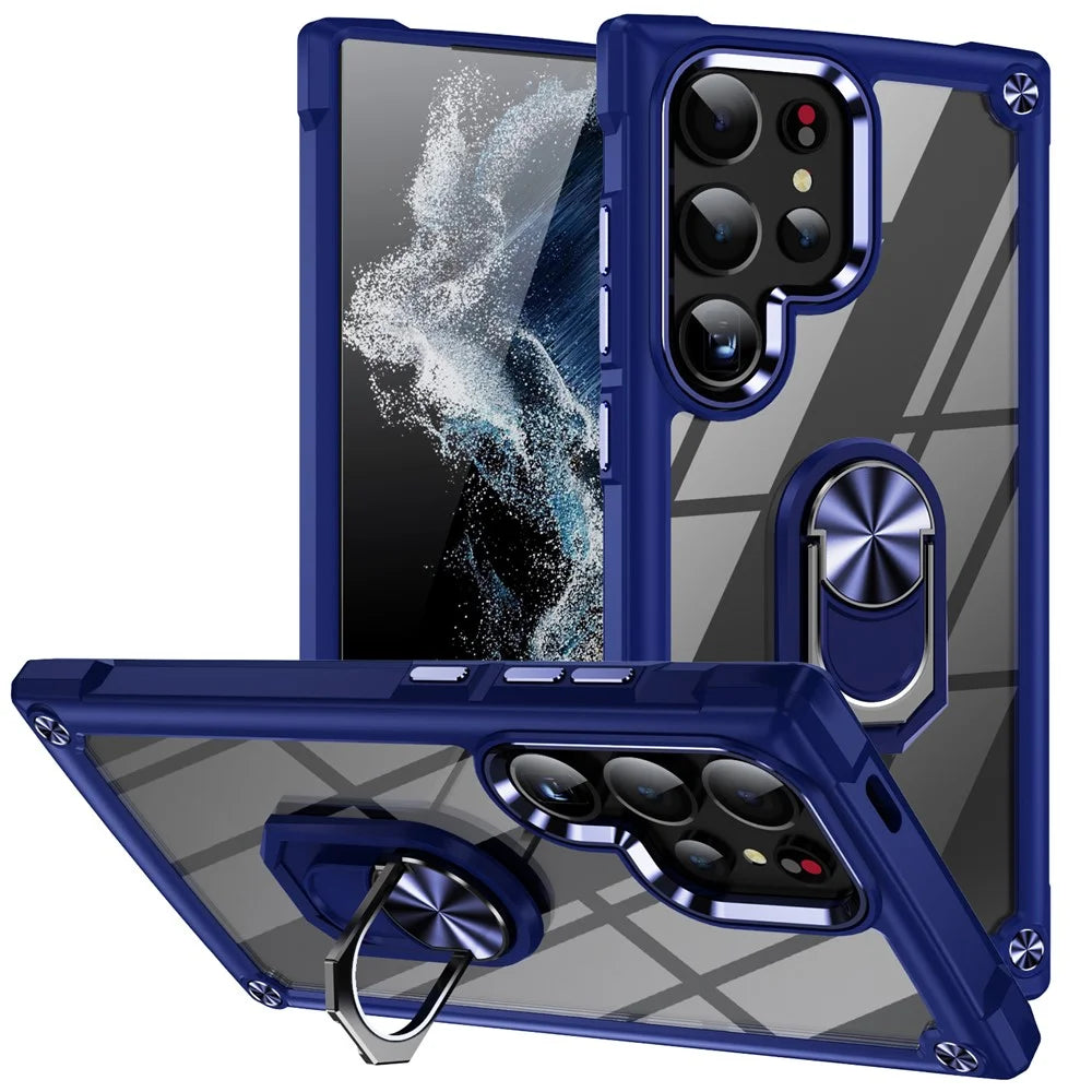 For Samsung Galaxy S25 Ultra Case Alloy Lens Frame PC + TPU Kickstand Phone Back Cover - Blue - 1