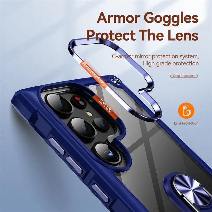 For Samsung Galaxy S25 Ultra Case Alloy Lens Frame PC + TPU Kickstand Phone Back Cover - Blue - 6