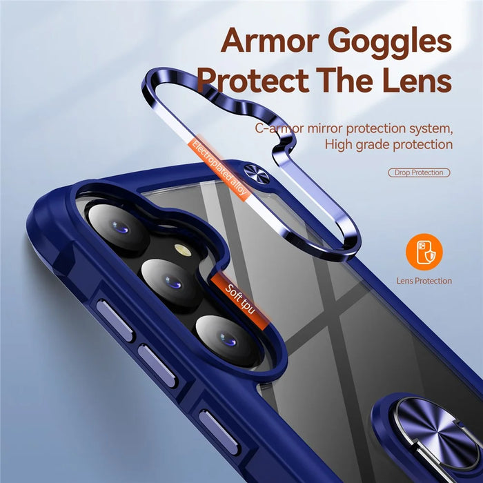 For Samsung Galaxy S25 Case Alloy Lens Frame PC + TPU Kickstand Phone Back Cover - Blue - 6