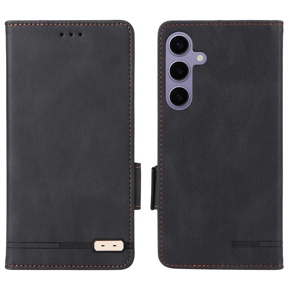 For Samsung Galaxy S25+ Case Leather Wallet Flip Phone Cover with Hardware Decor - Black - 1