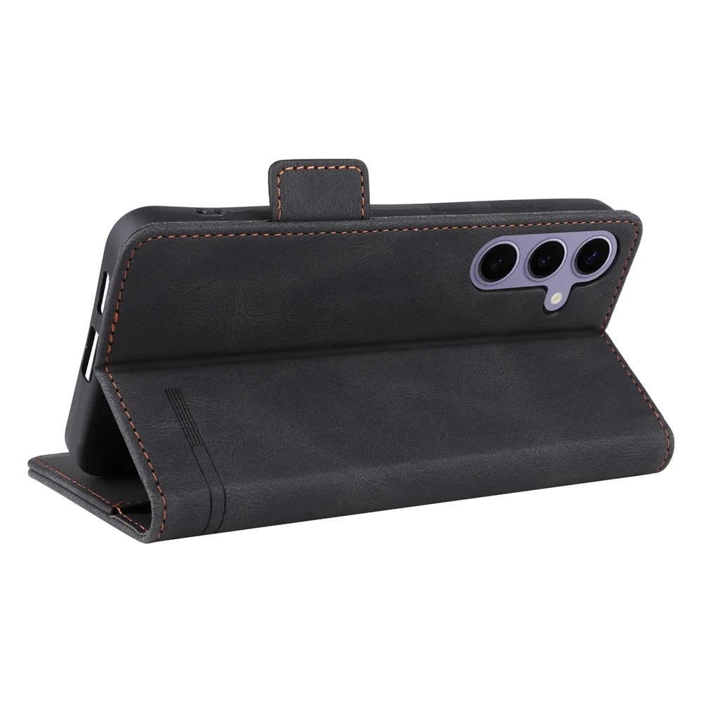 For Samsung Galaxy S25+ Case Leather Wallet Flip Phone Cover with Hardware Decor - Black - 5