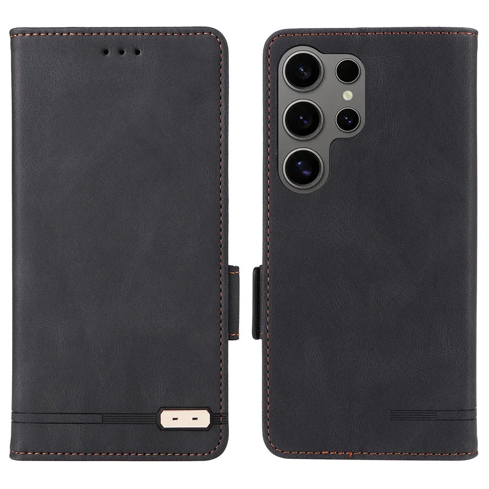 For Samsung Galaxy S25 Ultra Case Leather Wallet Flip Phone Cover with Hardware Decor - Black - 1