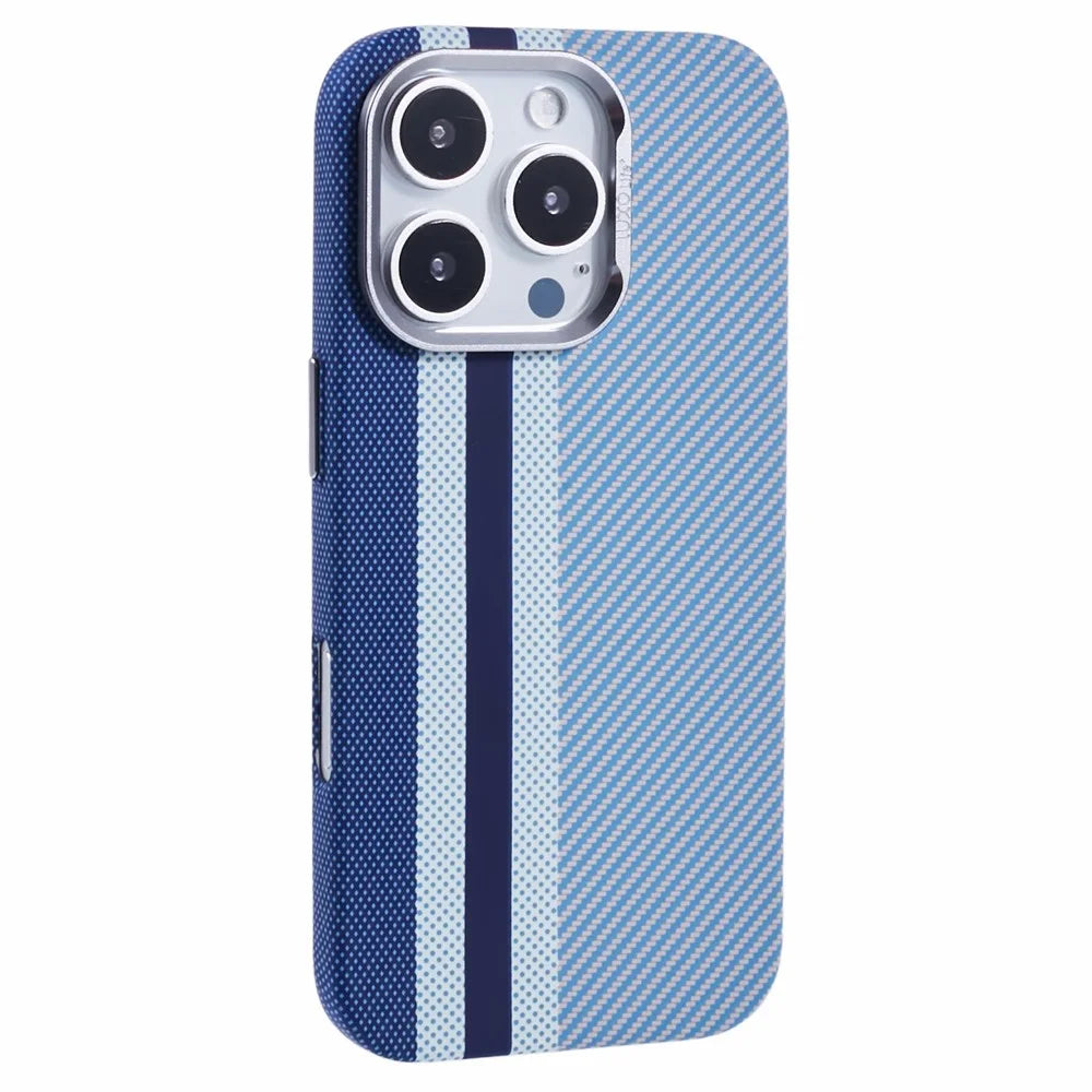 For iPhone 16 Pro Case Compatible with MagSafe Carbon Fiber Texture Water-Transfer PC Phone Cover - Blue Vertical Stripes - 1