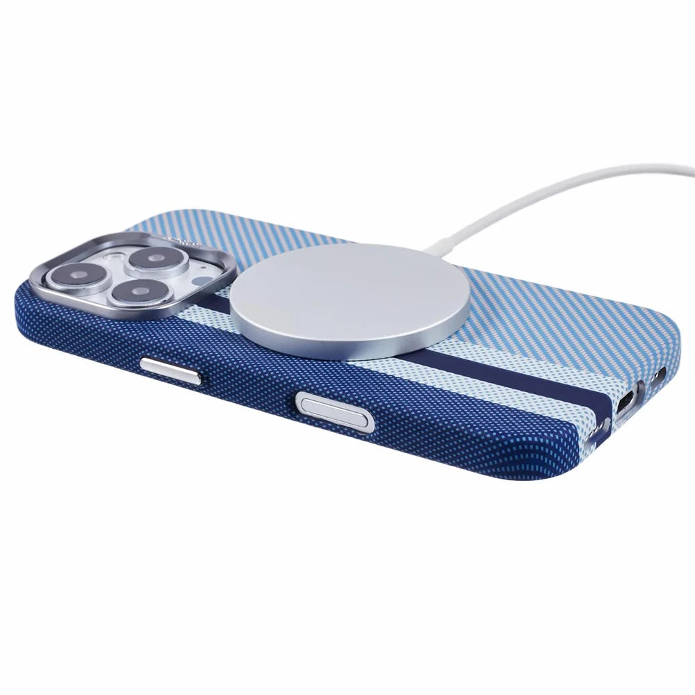 For iPhone 16 Pro Case Compatible with MagSafe Carbon Fiber Texture Water-Transfer PC Phone Cover - Blue Vertical Stripes - 4
