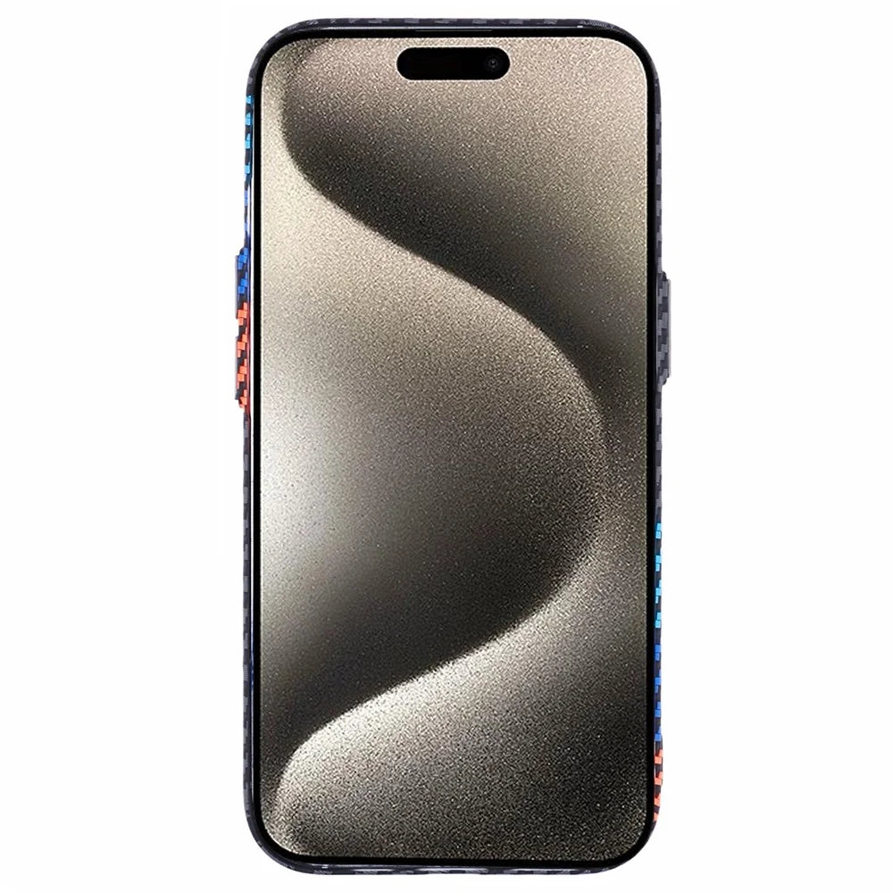 For iPhone 15 Case Compatible with MagSafe Carbon Fiber Texture Water-Transfer PC Phone Cover - Baby Blue+Dark Blue+Red - 2