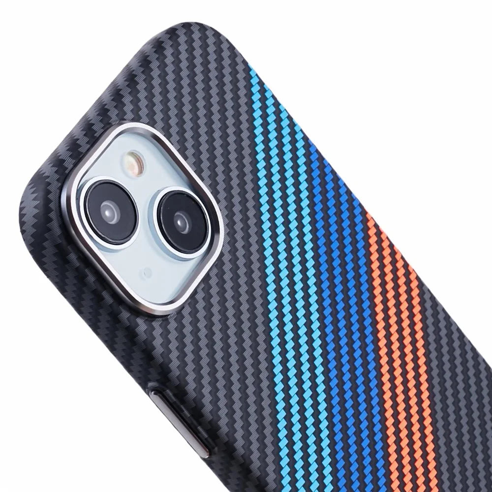 For iPhone 15 Case Compatible with MagSafe Carbon Fiber Texture Water-Transfer PC Phone Cover - Baby Blue+Dark Blue+Red - 7