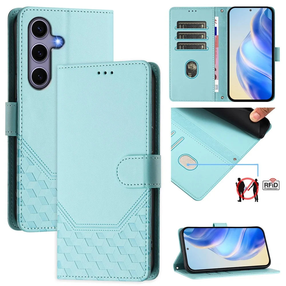 For Samsung Galaxy S25 Case Imprinted Honeycomb RFID Blocking Leather Phone Cover with Strap - Mint Green - 1