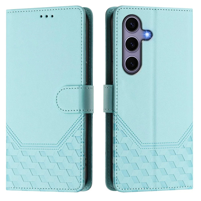 For Samsung Galaxy S25 Case Imprinted Honeycomb RFID Blocking Leather Phone Cover with Strap - Mint Green - 2