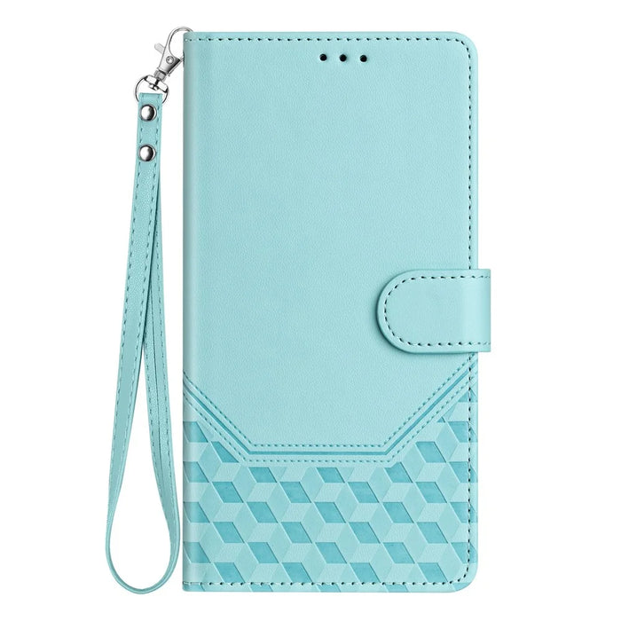 For Samsung Galaxy S25 Case Imprinted Honeycomb RFID Blocking Leather Phone Cover with Strap - Mint Green - 3
