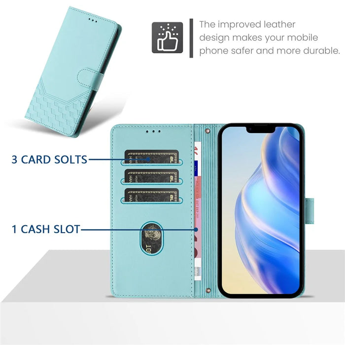For Samsung Galaxy S25 Case Imprinted Honeycomb RFID Blocking Leather Phone Cover with Strap - Mint Green - 4