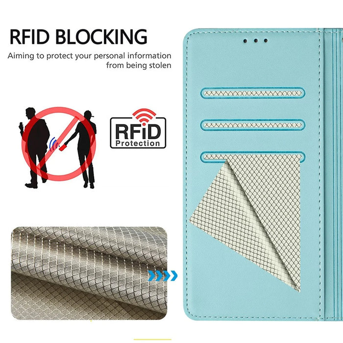 For Samsung Galaxy S25 Case Imprinted Honeycomb RFID Blocking Leather Phone Cover with Strap - Mint Green - 7