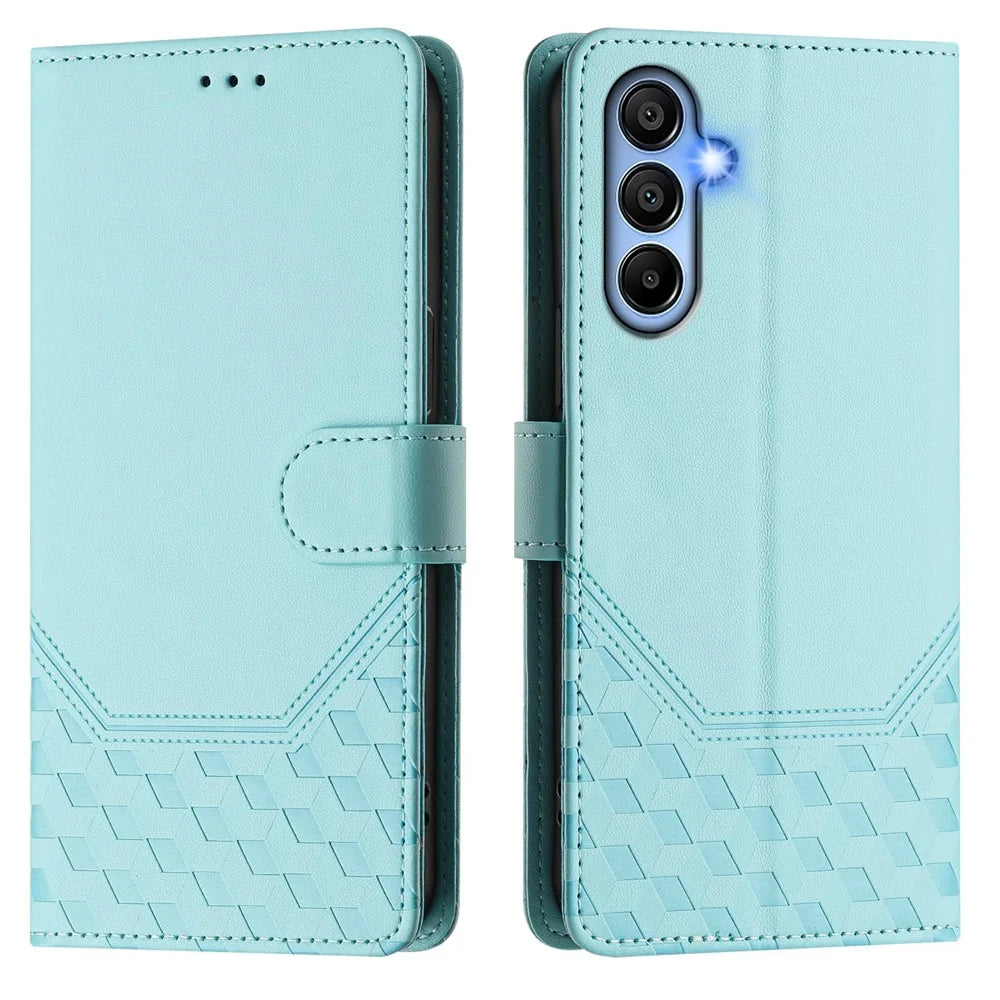 For Samsung Galaxy A15 5G / Galaxy A15 4G Case Imprinted Honeycomb RFID Blocking Leather Phone Cover with Strap - Mint Green - 2