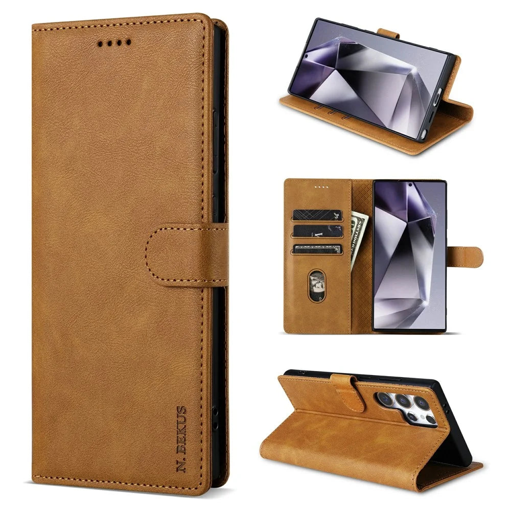 N.BEKUS CSJ-001 For Samsung Galaxy S25 Ultra Stand Case PU Leather Wallet Phone Cover - Brown - 5