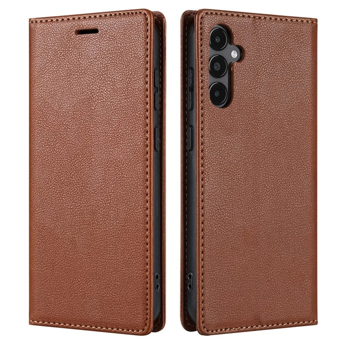 For Samsung Galaxy S24 FE Wallet Case Magnetic Closure PU Leather Phone Cover - Brown - 1