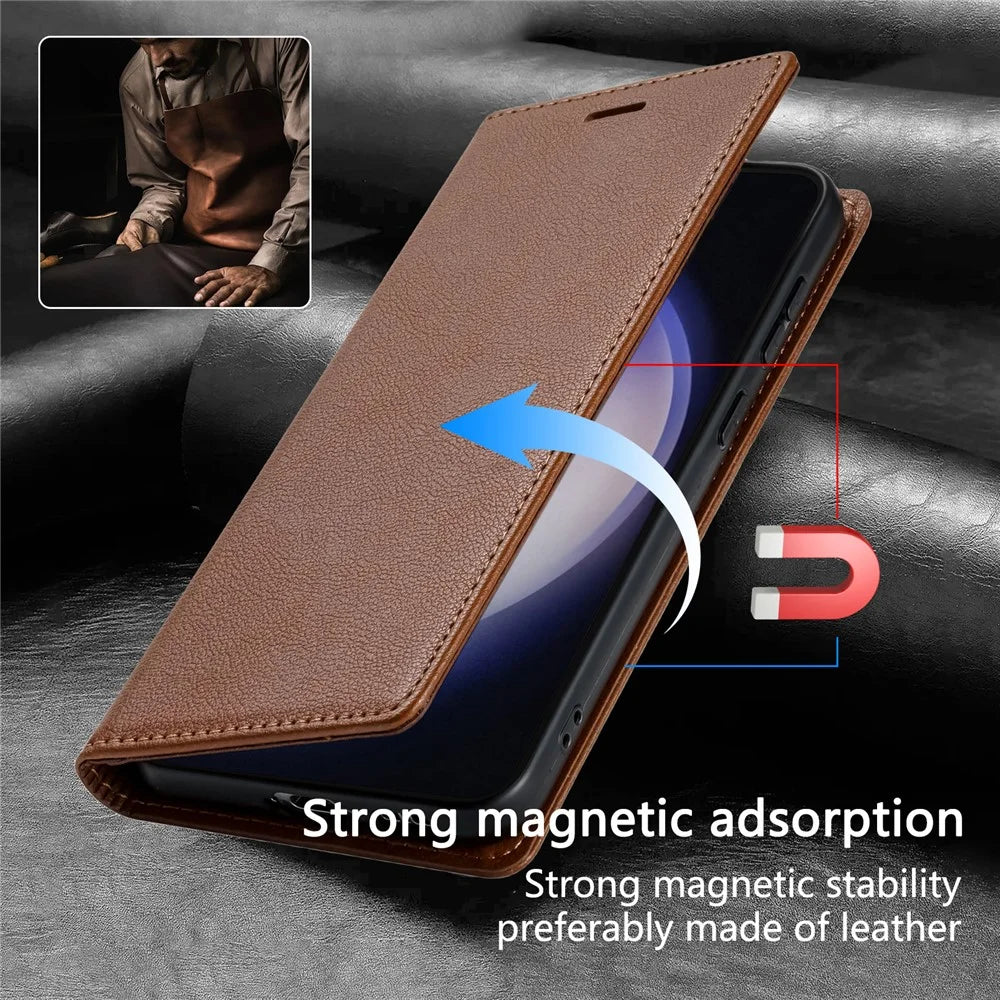 For Samsung Galaxy S25+ Wallet Case Magnetic Closure PU Leather Phone Cover - Brown - 5