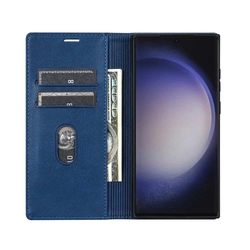 For Samsung Galaxy S25 Ultra Wallet Case Magnetic Closure PU Leather Phone Cover - Blue - 2