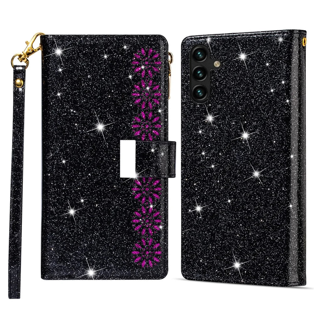 For Samsung Galaxy S24 FE Case Starry Sky Carving Leather Wallet Phone Cover - Black - 1