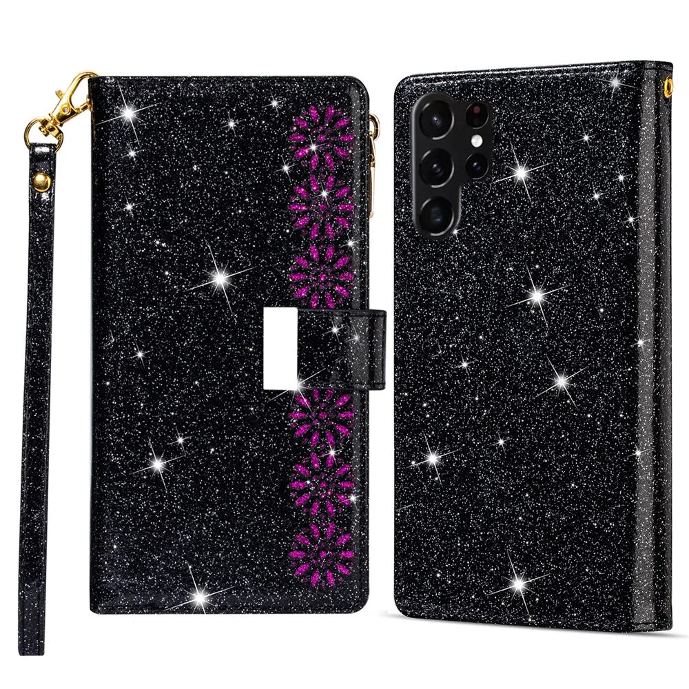For Samsung Galaxy S25 Ultra Case Starry Sky Carving Leather Wallet Phone Cover - Black - 1