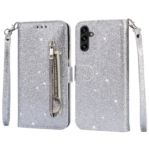 For Samsung Galaxy A16 5G  /  4G Stand Case Glitter Phone Leather Cover Zipper Pocket - Silver - 1
