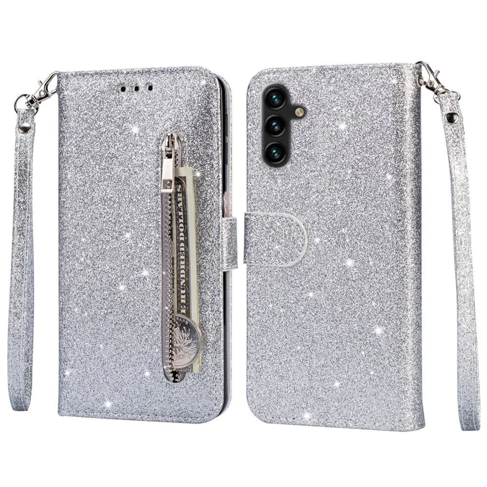 For Samsung Galaxy S25 Stand Case Glitter Phone Leather Cover Zipper Pocket - Silver - 1
