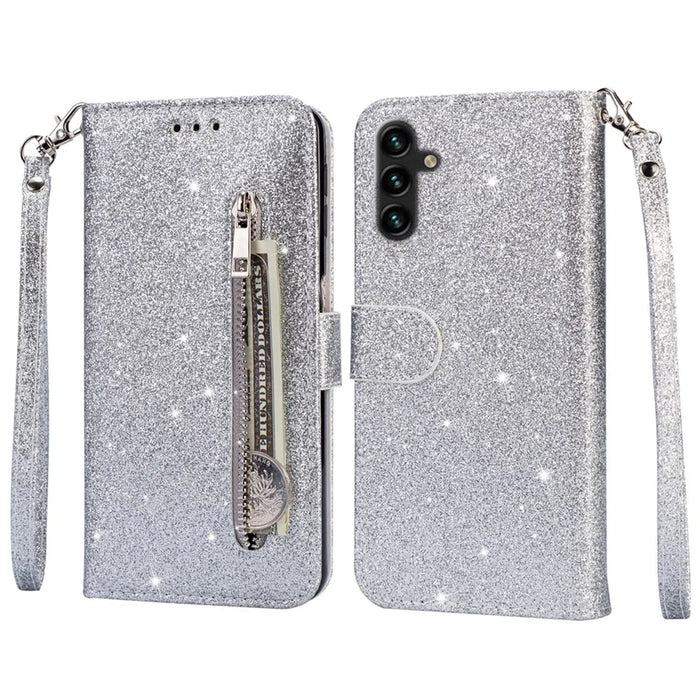For Samsung Galaxy S25 Stand Case Glitter Phone Leather Cover Zipper Pocket - Silver - 1
