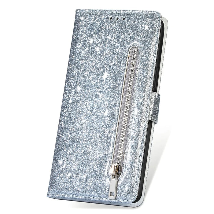 For Samsung Galaxy S25 Stand Case Glitter Phone Leather Cover Zipper Pocket - Silver - 4