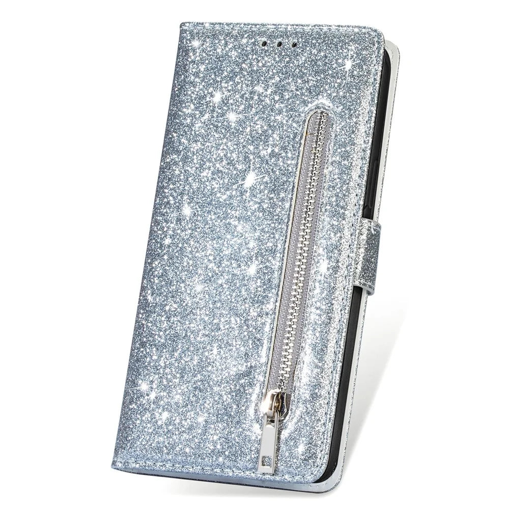 For Samsung Galaxy S25+ Stand Case Glitter Phone Leather Cover Zipper Pocket - Silver - 4