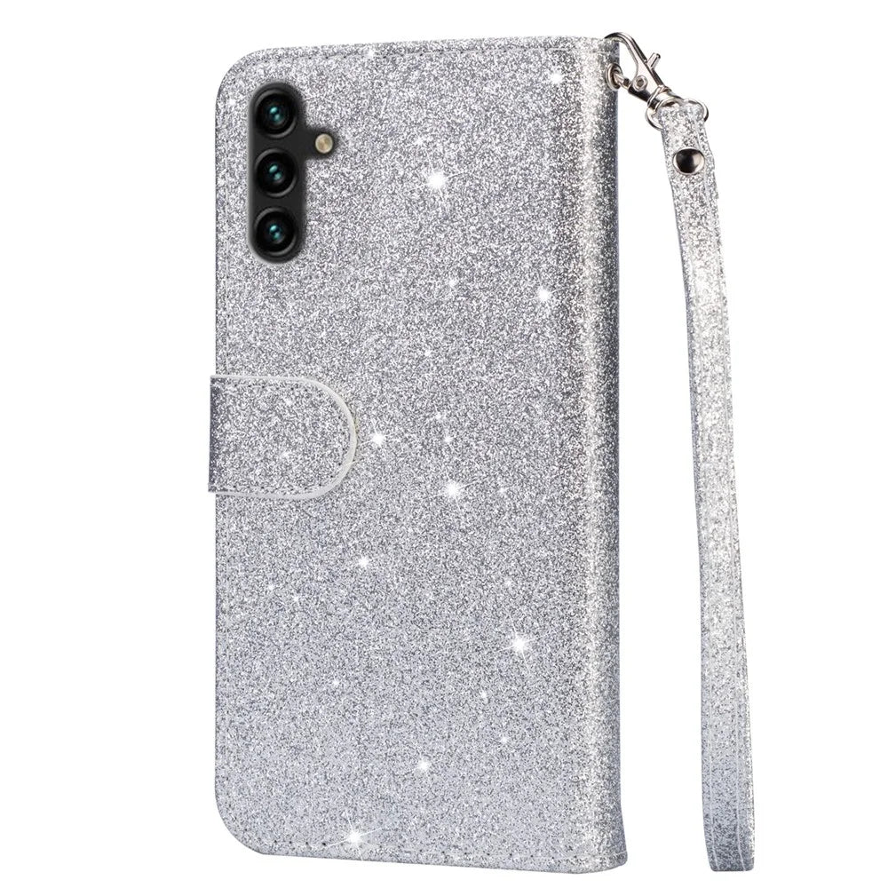 For Samsung Galaxy S25+ Stand Case Glitter Phone Leather Cover Zipper Pocket - Silver - 5