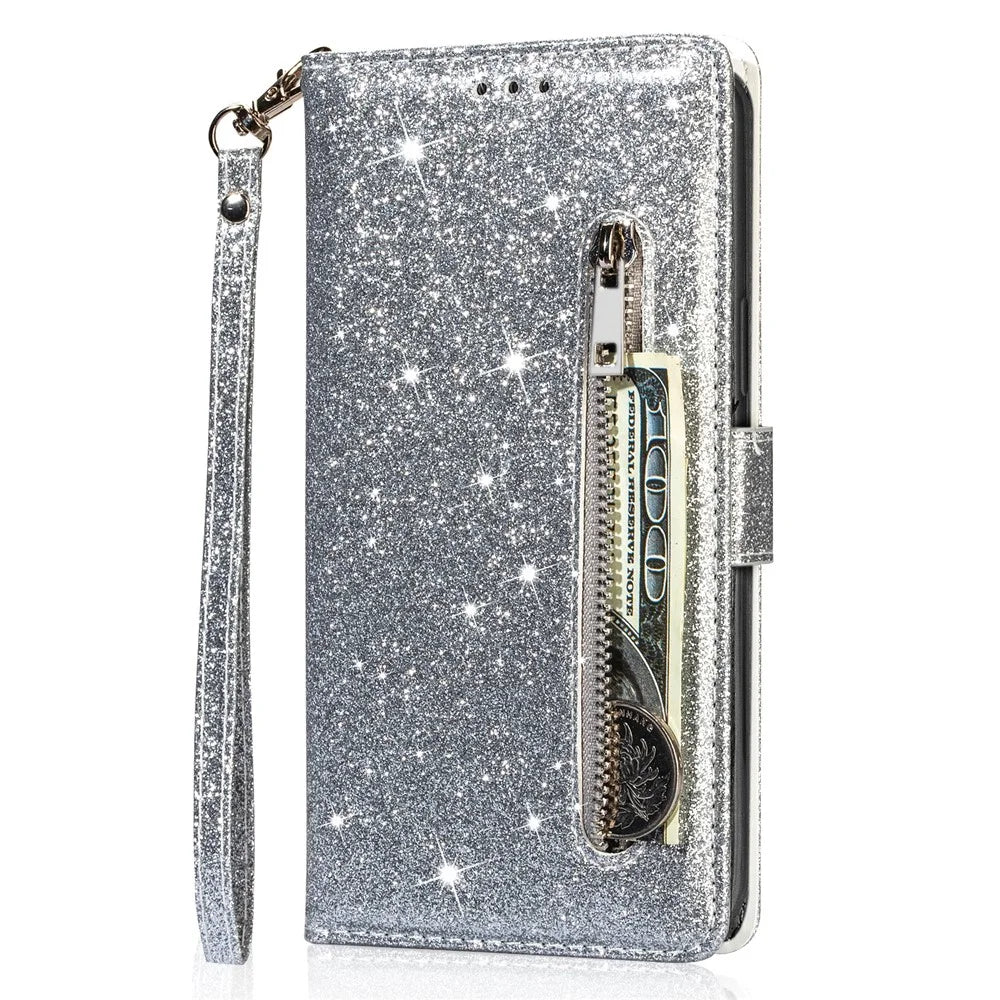 For Samsung Galaxy S25+ Stand Case Glitter Phone Leather Cover Zipper Pocket - Silver - 6