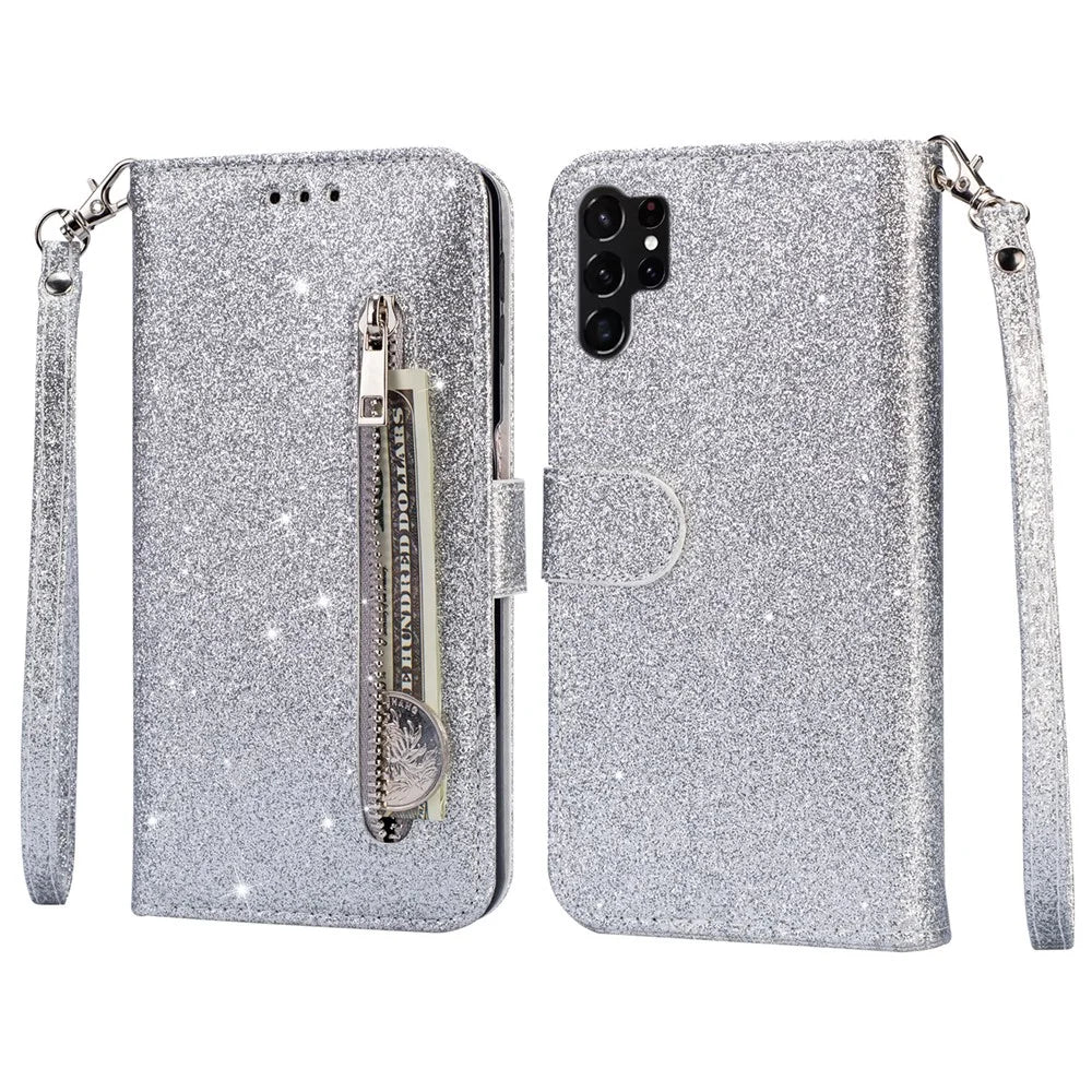 For Samsung Galaxy S25 Ultra Stand Case Glitter Phone Leather Cover Zipper Pocket - Silver - 1