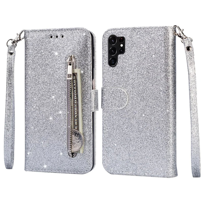 For Samsung Galaxy S25 Ultra Stand Case Glitter Phone Leather Cover Zipper Pocket - Silver - 1