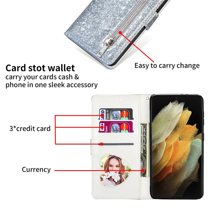 For Samsung Galaxy S25 Ultra Stand Case Glitter Phone Leather Cover Zipper Pocket - Silver - 4
