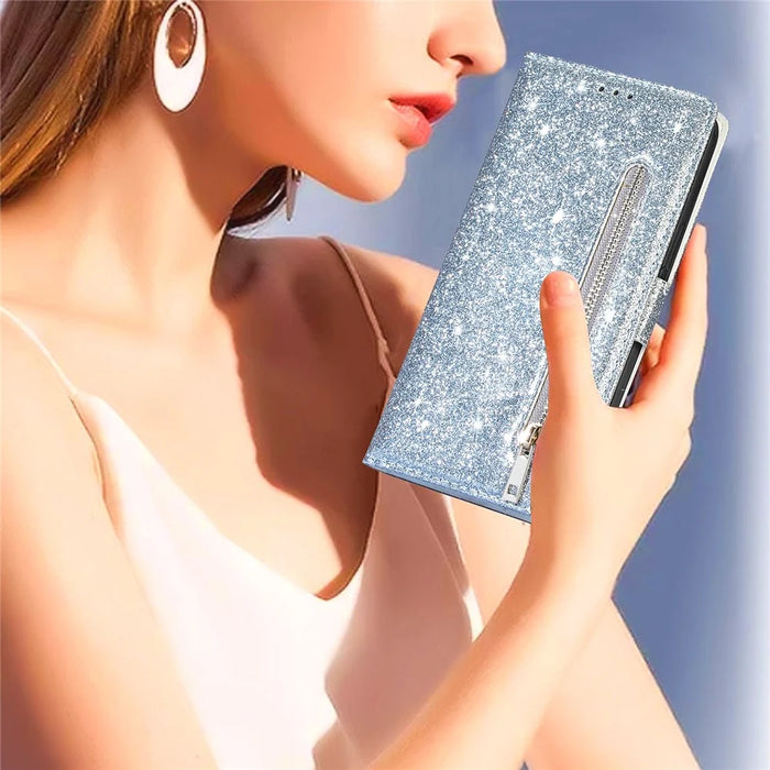 For Samsung Galaxy S25 Ultra Stand Case Glitter Phone Leather Cover Zipper Pocket - Silver - 5