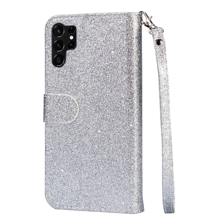 For Samsung Galaxy S25 Ultra Stand Case Glitter Phone Leather Cover Zipper Pocket - Silver - 7