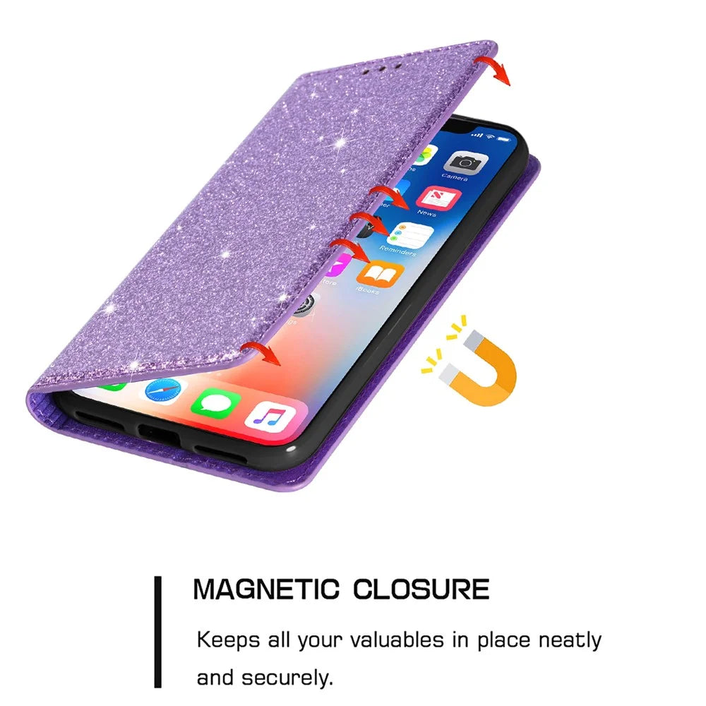 For Samsung Galaxy S24 FE Case Glittery PU Leather+TPU Card Slot Phone Cover - Purple - 5