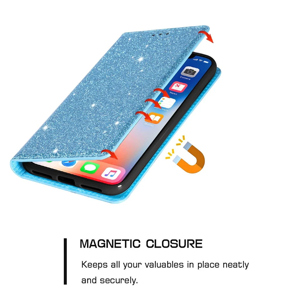 For Samsung Galaxy A16 5G  /  4G Case Glittery PU Leather+TPU Card Slot Phone Cover - Blue - 5