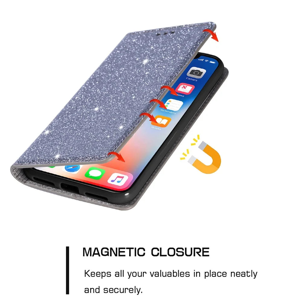 For Samsung Galaxy S25+ Case Glittery PU Leather+TPU Card Slot Phone Cover - Grey - 5