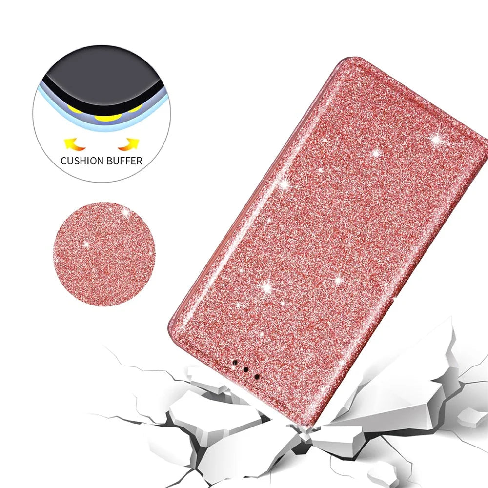 For Samsung Galaxy S25 Case Glittery PU Leather+TPU Card Slot Phone Cover - Rose Gold - 4
