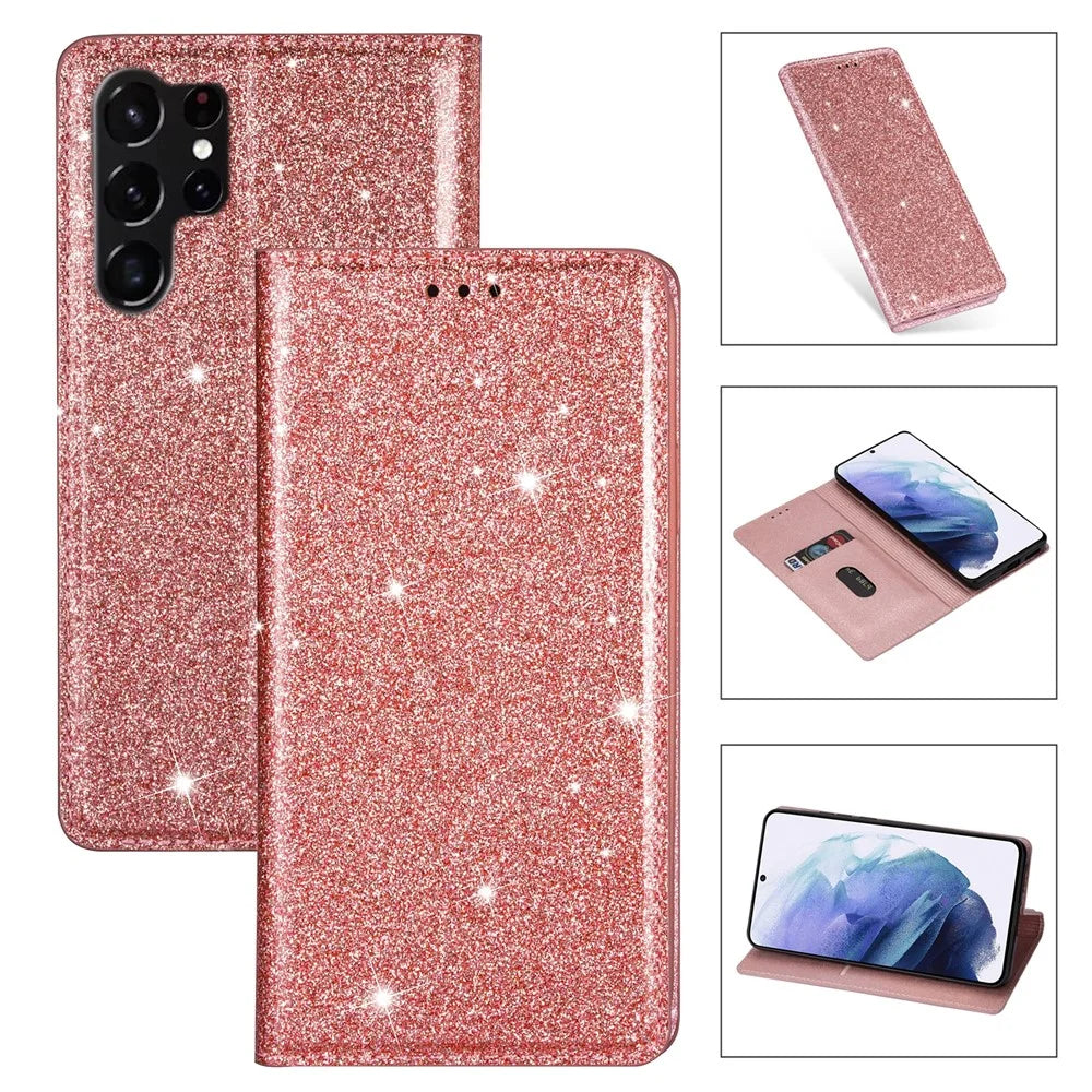 For Samsung Galaxy S25 Ultra Case Glittery PU Leather+TPU Card Slot Phone Cover - Rose Gold - 1